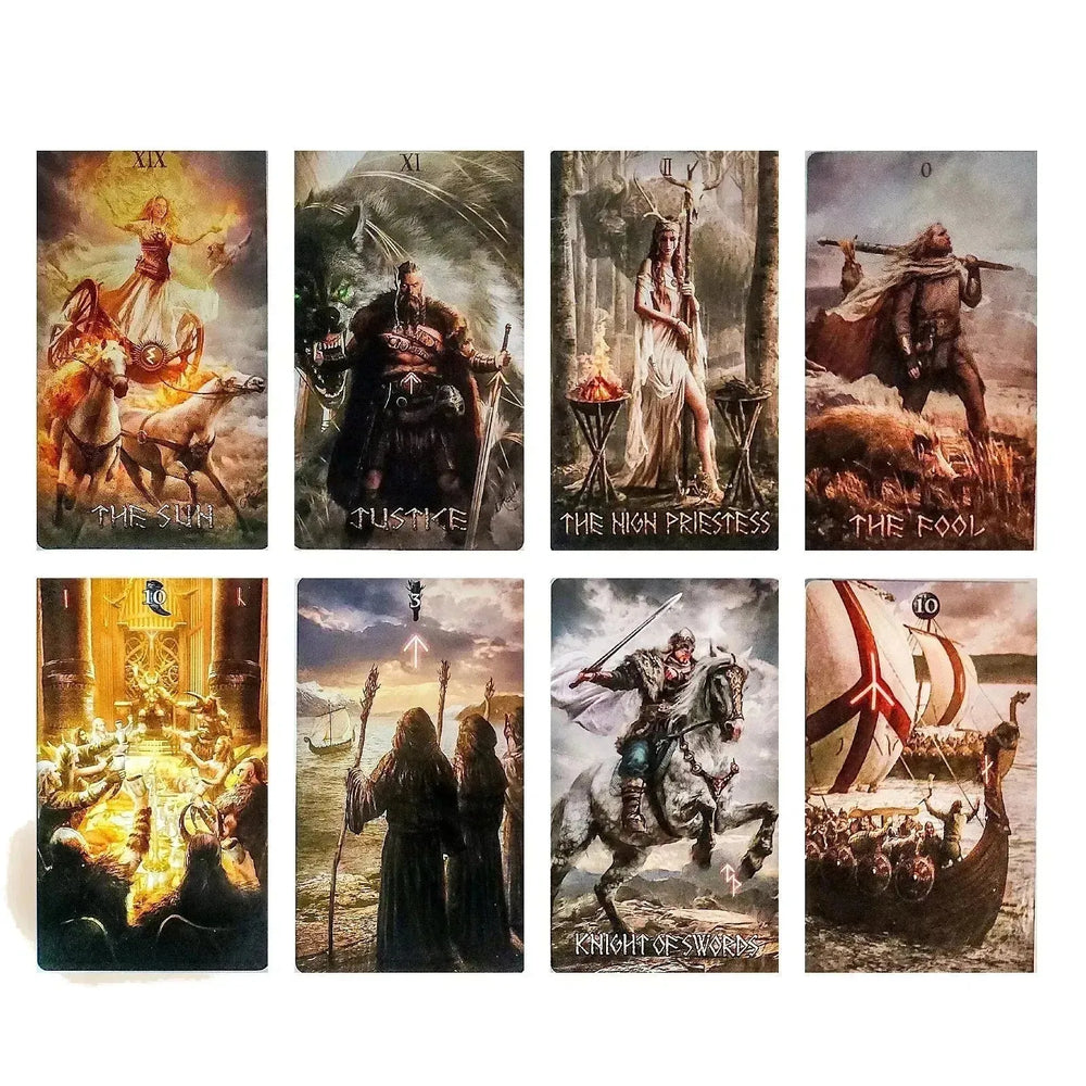 Various cards from the Runic Tarot deck, featuring The Fool, Justice, and more.