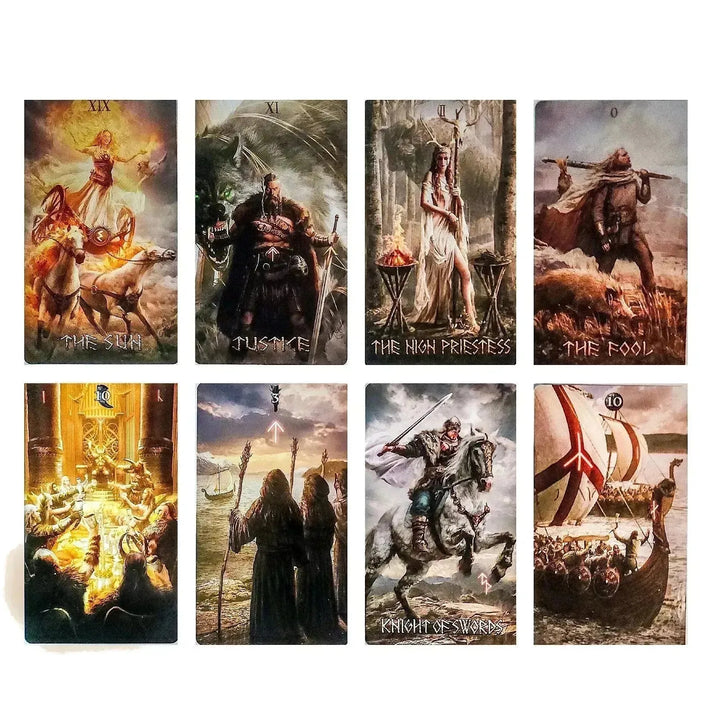 Various cards from the Runic Tarot deck, featuring The Fool, Justice, and more.
