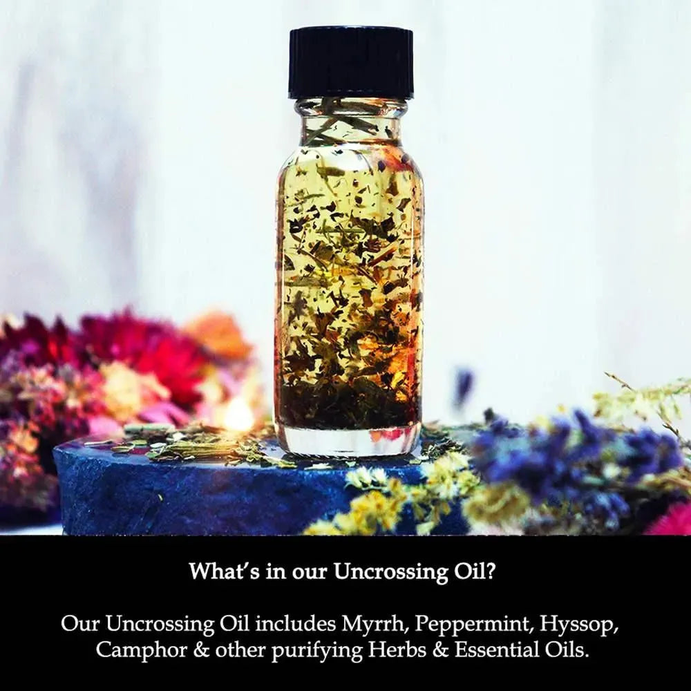 A list of ingredients in Uncrossing Oil, including herbs and essential oils.
