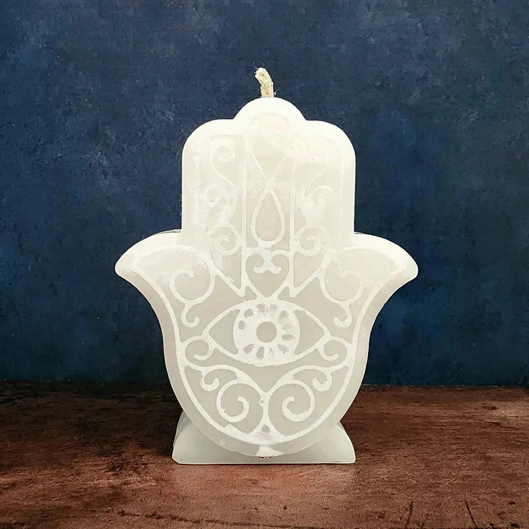 White Hamsa Candle for Protection, Blessings and Healing - Art Of The Root