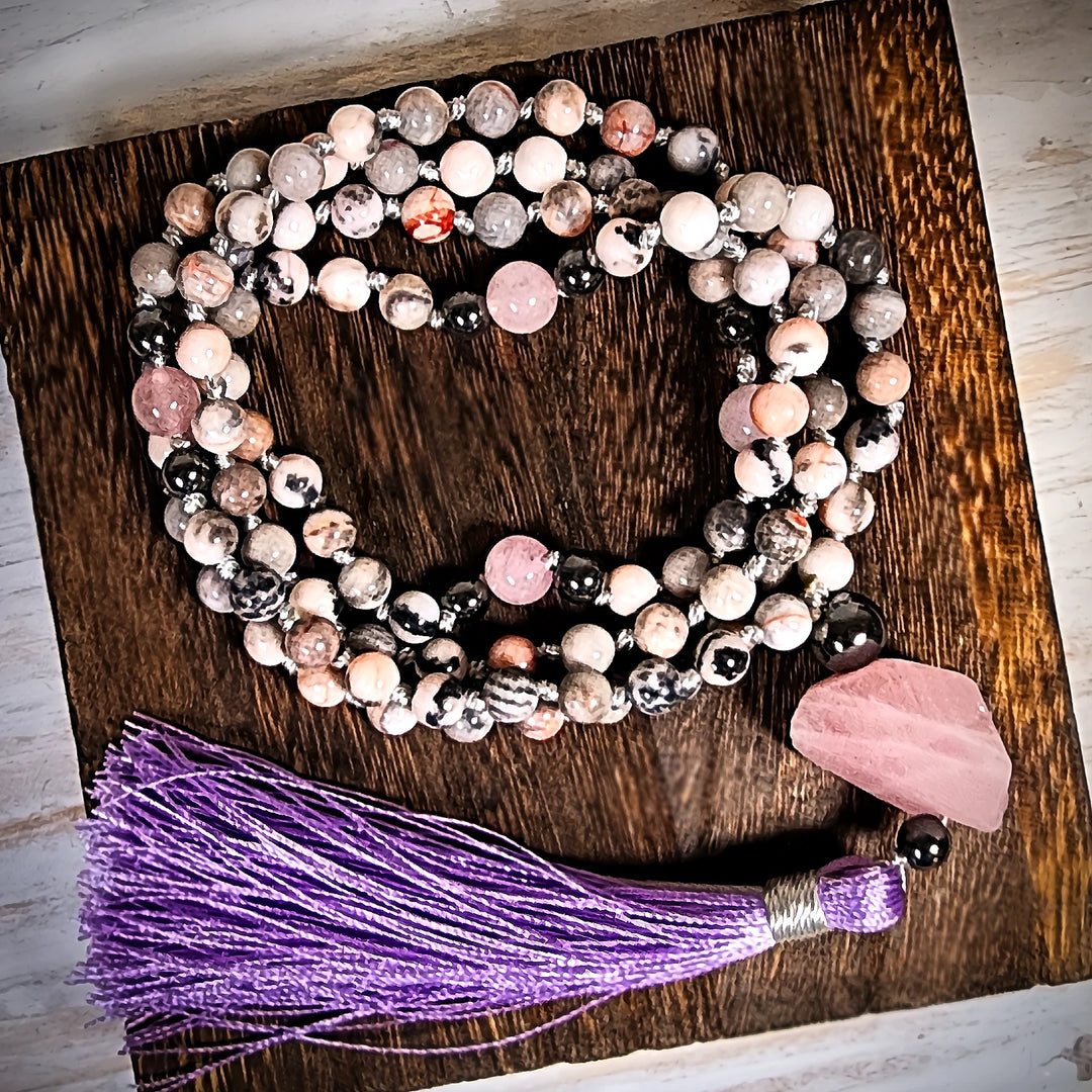 Zebra Jasper & Rose Quartz Mala Beads with Hematite Accents - Art Of The Root