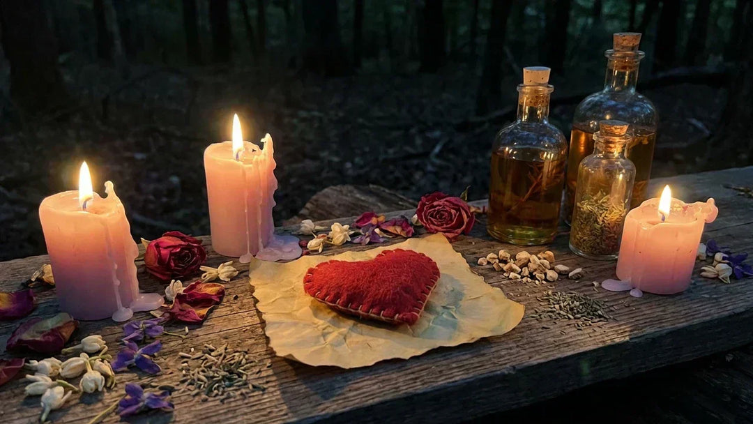 Romantic love spell setup with red candles, rose petals, and heart symbols for free love spells that really work.