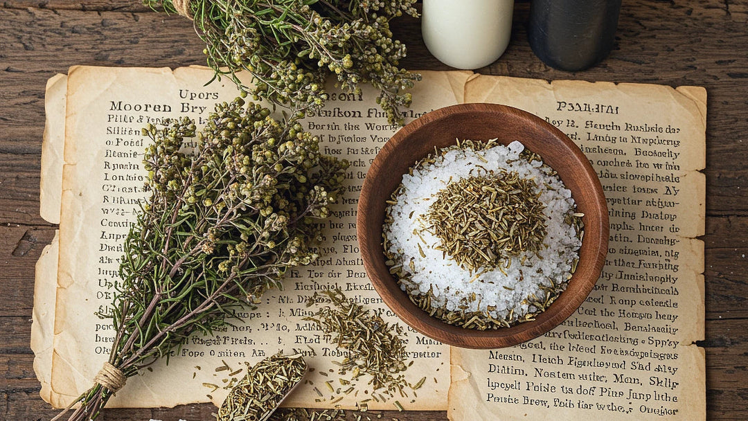 ncrossing ritual salt with herbs and Psalm spells on parchment