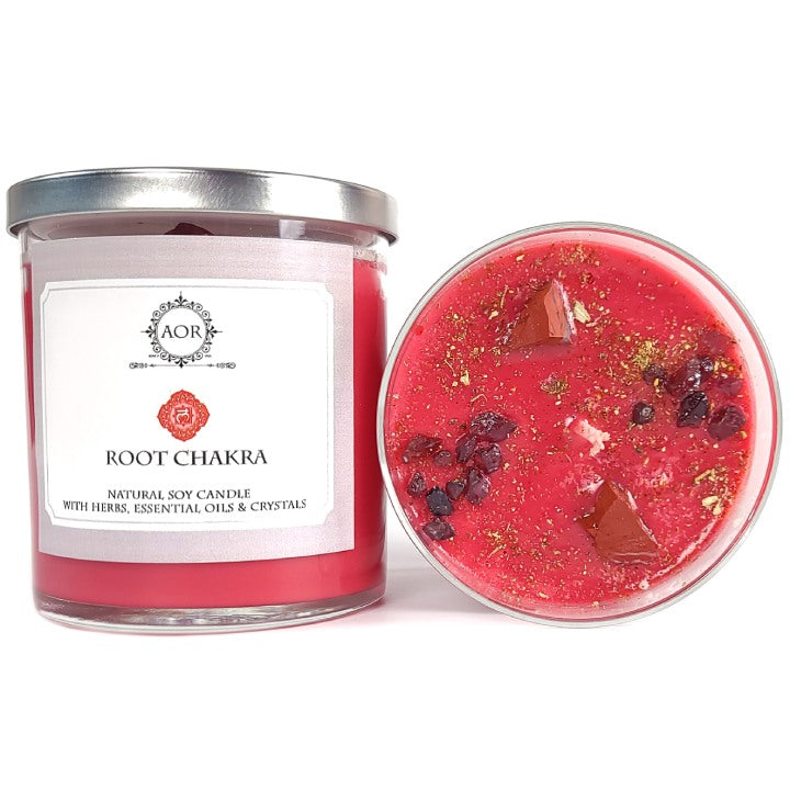 Root Chakra Soy Candle with Red Jasper & Garnet Crystals, Herbs & Essential OIls - Art of the Root