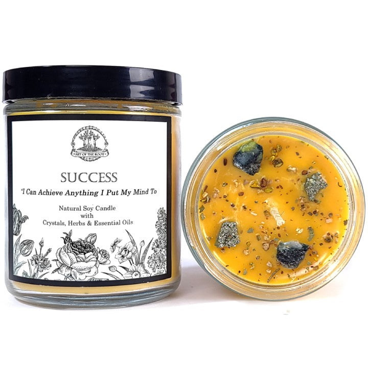 Success Affirmation Soy Candle with Raw Emeralds and Pyrite Crystals - Art of the Root