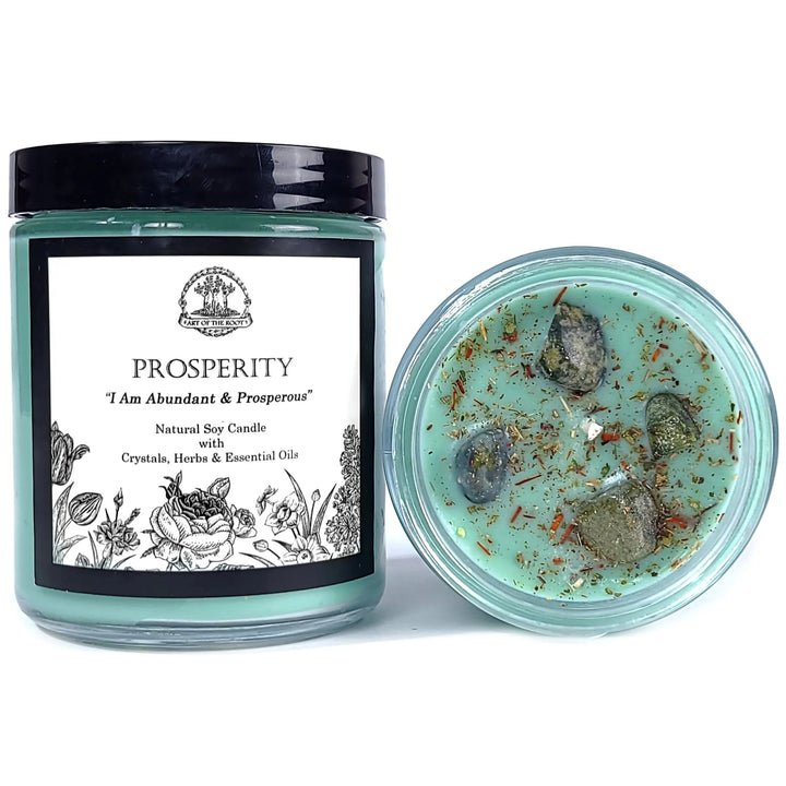 Prosperity Affirmation Soy Candle with Jade Crystals for Abundance, Good Fortune, Luck, Success & Obtaining Goals - Art Of The Root