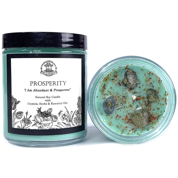 Prosperity Affirmation Soy Candle with Jade Crystals for Abundance, Good Fortune, Luck, Success & Obtaining Goals - Art of the Root