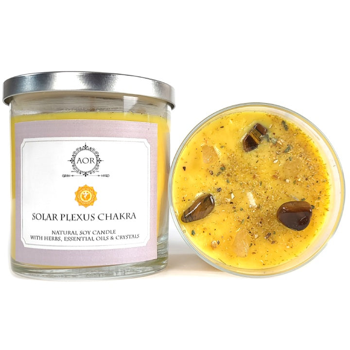 Solar Plexus Soy Chakra Candle with Crystals, Herbs & Essential Oils - Art of the Root