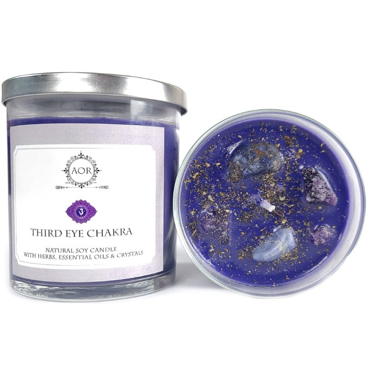 Third Eye Chakra Soy Candle (Ajna) with Crystals, Herbs & Essential Oils - Art of the Root