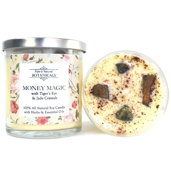 Money Magic Pure & Natural Soy Candle (100% Natural) with Herbs & Crystals for Prosperity, Wealth & Abundance - Art of the Root