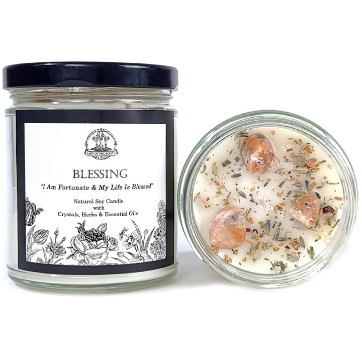 Blessing Affirmation Soy Candle with Crystals for Good Fortune & Protection - Art of the Root