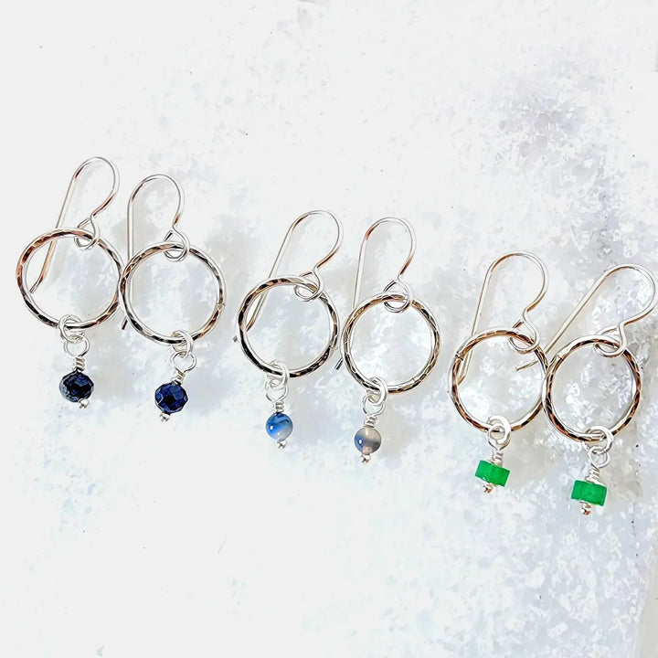 Hammered Sterling Silver Gemstone Earrings with Opal, Aventurine, and Sapphire – Handmade Jewelry