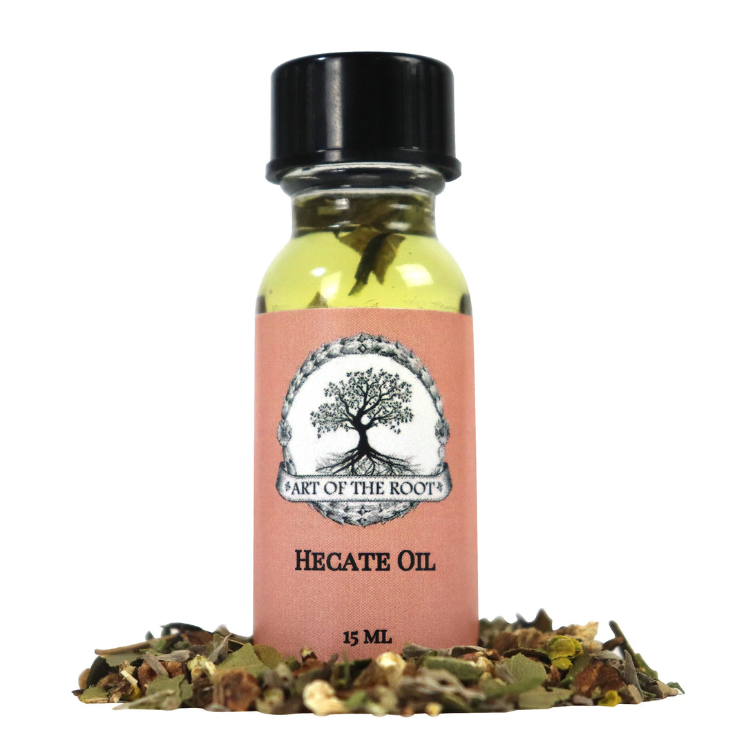 A bottle of Hecate Oil made with Hecate Herbs by metaphysical supply store Art of the Root.