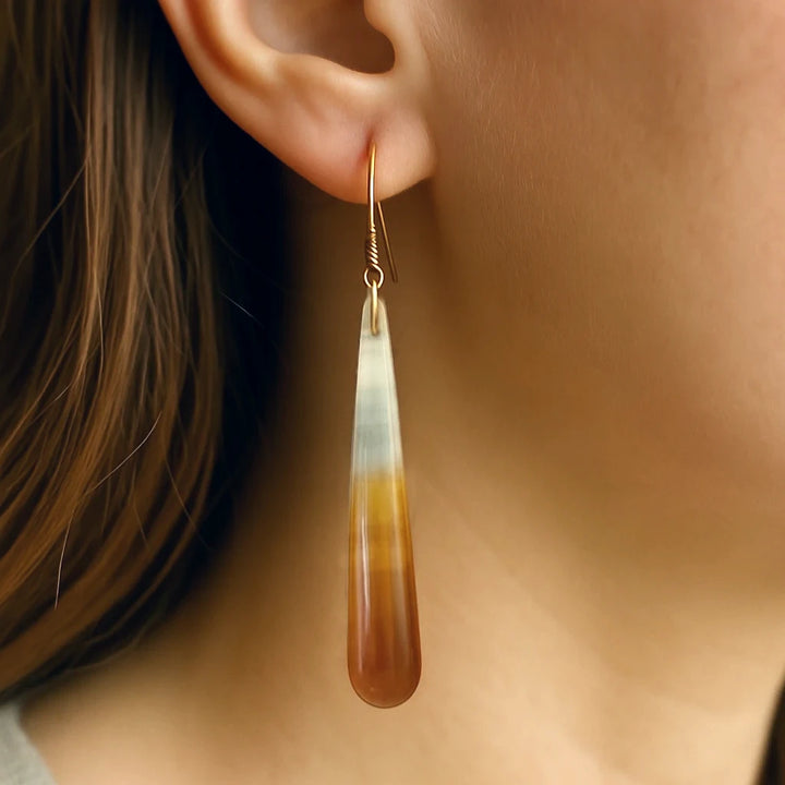 Close-Up of Crystal Agate Drop Earring on with Gold Filled Wire on Ear