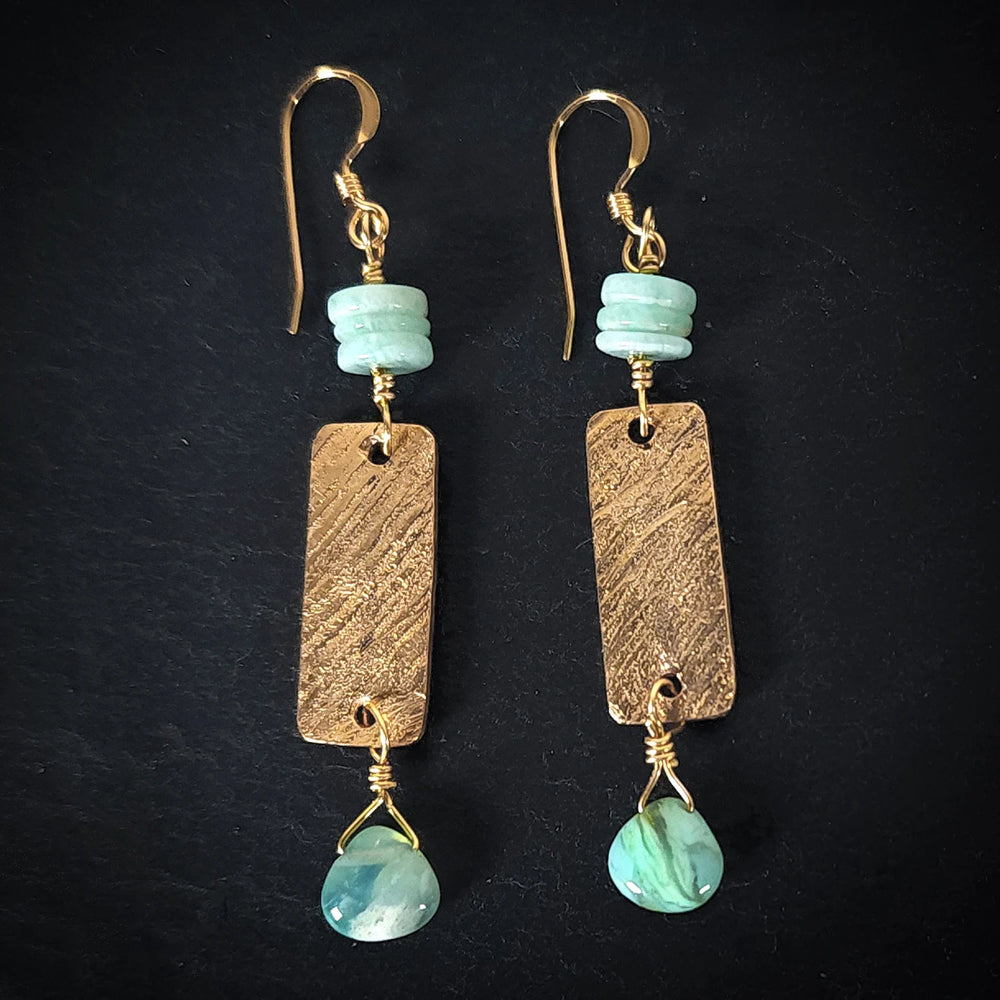 Handmade Bronze and Amazonite Dangle Earrings with Gold-Filled Wire – Textured Metal Clay Jewelry on Black Backlround