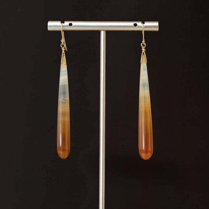 Long Agate Gemstone Earrings Hanging on Display with Gold Filled Hooks