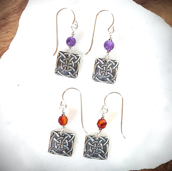 Handmade Celtic Protection Knot Earrings with Amethyst or Carnelian Stones