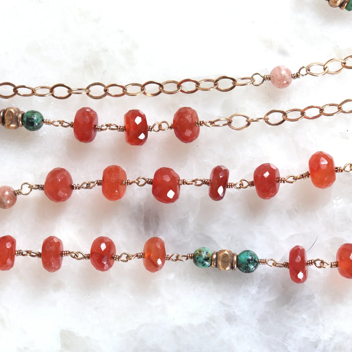 Close Up Carnelian Crystals and Gold over Silver Beads and African Turquoise Bead Necklace