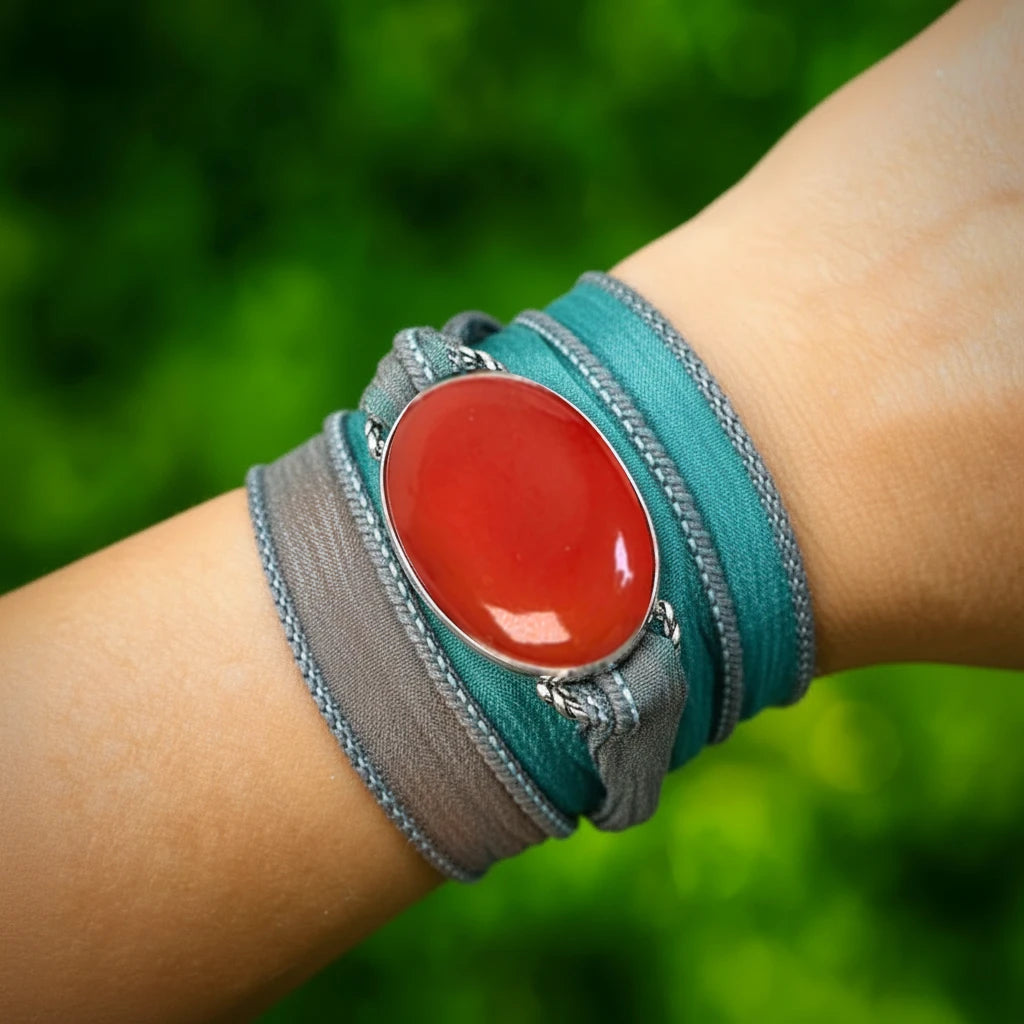 Carnelian Crystal Bracelet with a red stone and teal and gray straps on a wrist against a green background