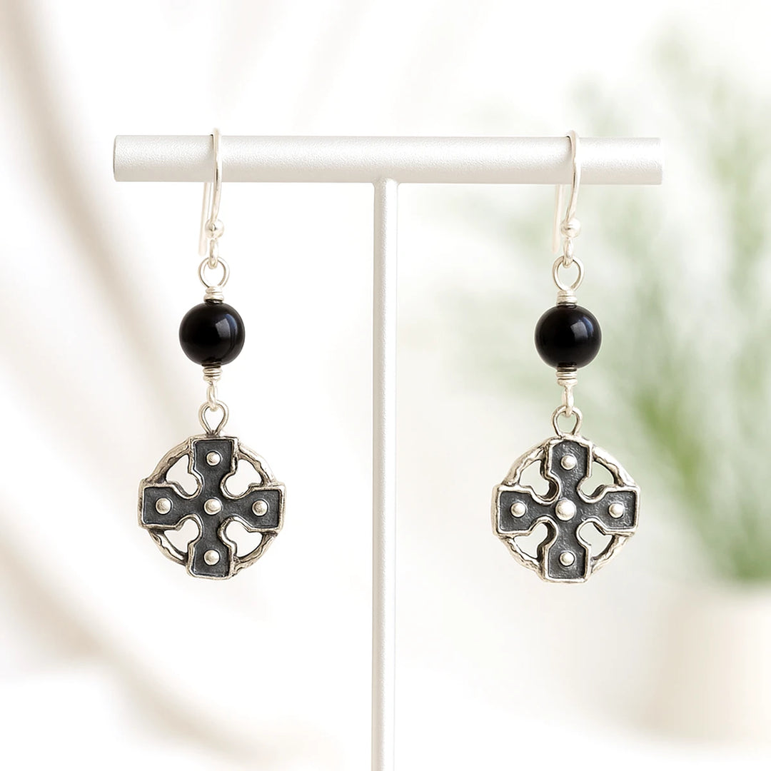Celtic Cross Silver Dangle Earrings with Black Onyx