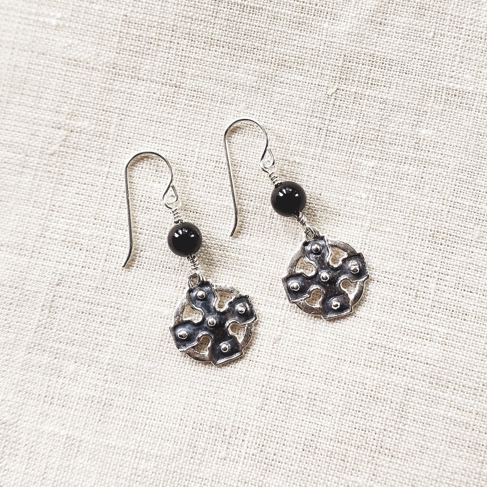 Fine Slver Celtic Cross Earrings with Black Onyx crystal accents on linen