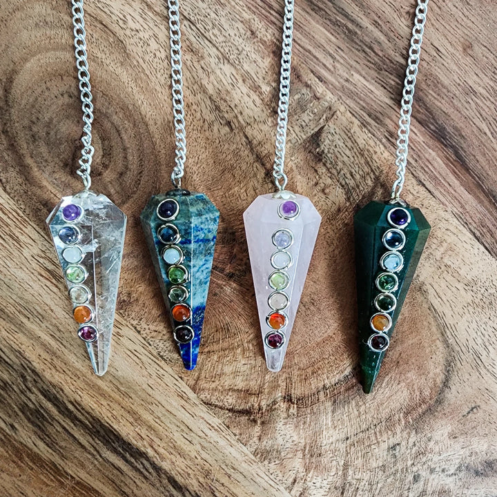 7 Stone Chakra Pendulum - Solid Crystal Point with 7 Cabachon Crystals