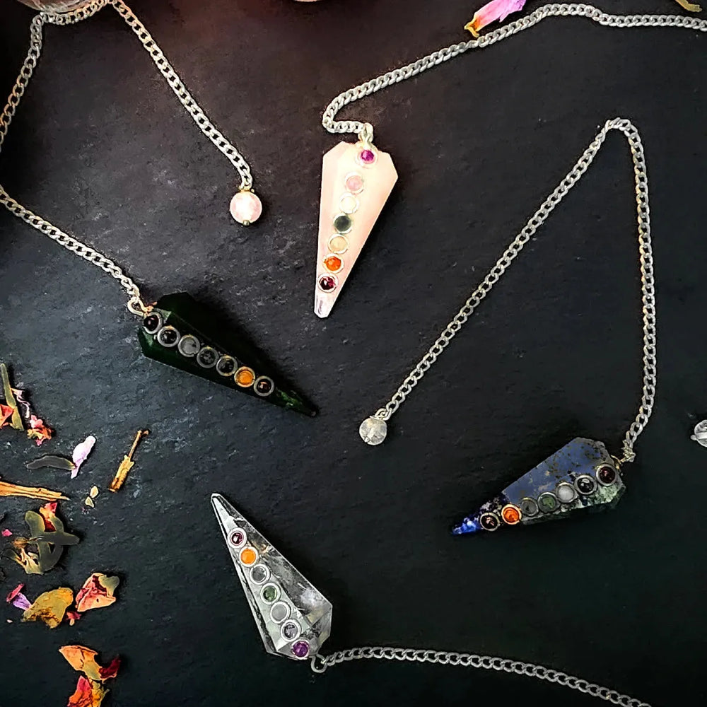 Chakra Pendulums in Green Aventurine, Lapis, Rose Quartz and Rainbow Moonstone
