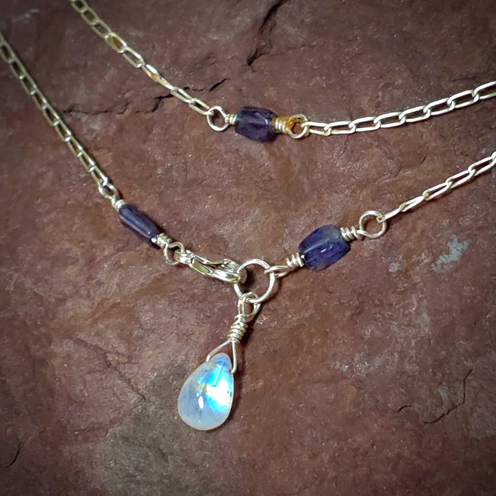 Close-Up of Iolite Beads and Flashy Moonstone Drop Pendant Necklace