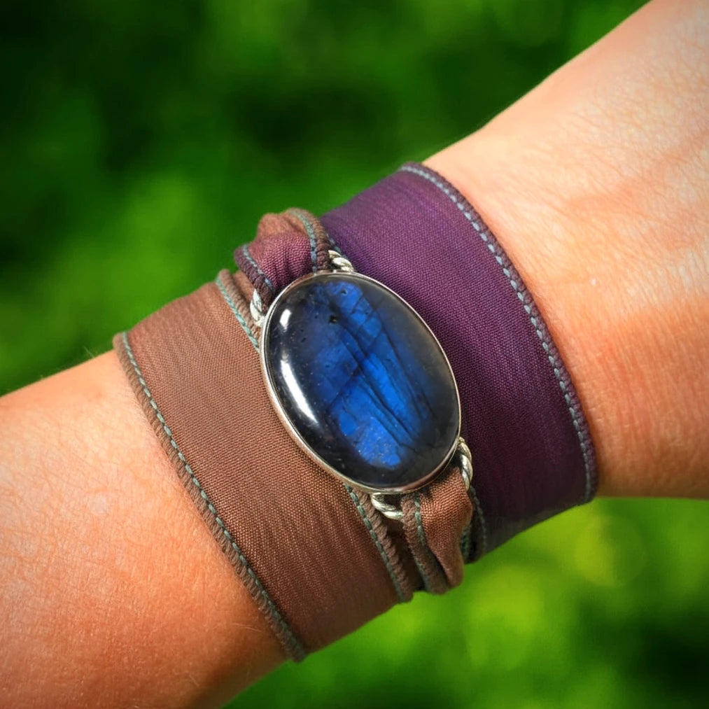 Labradorite Silk Wrap Bojo Bracelet with Sterling Silver Setting on Wrist.