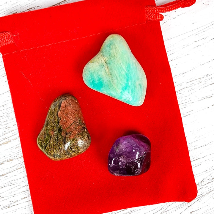 Emotional and Spiritual Healing Crystal Set: Amazonite, Amethyst, Unakite  