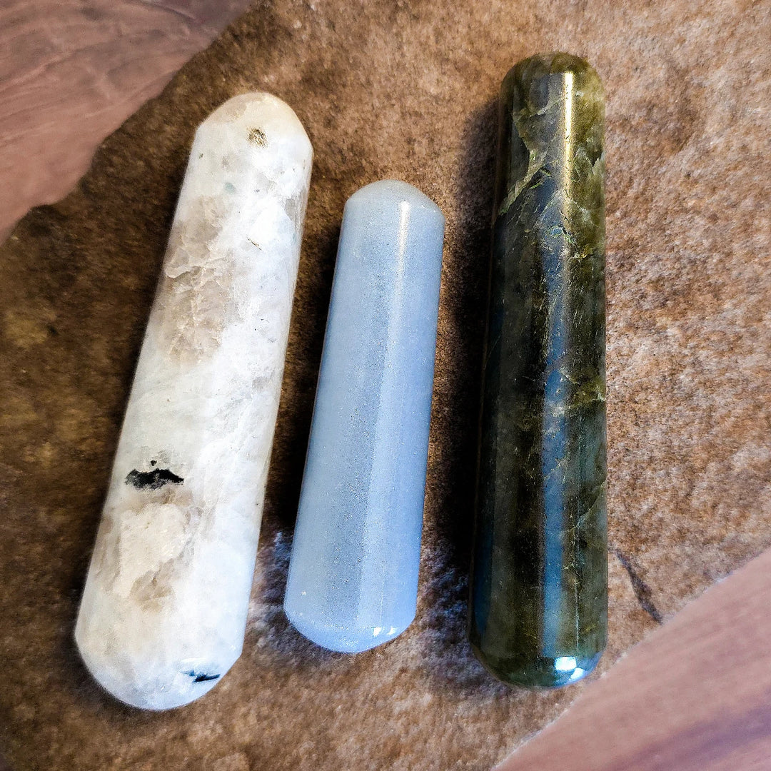 Rainbow Moonstone, Angelite, and Labradorite Crystal Wands for Chakra Balancing and Meditation