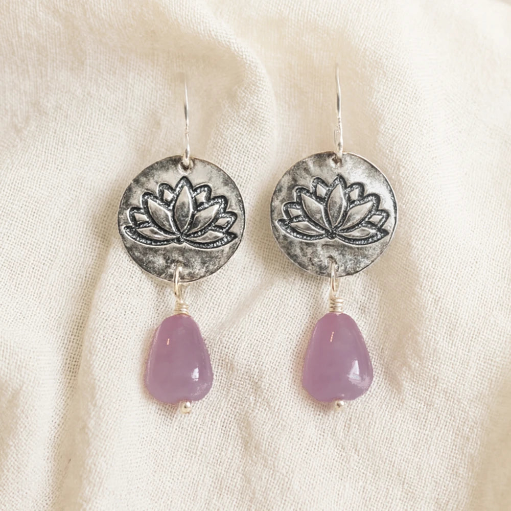 Handmade Silver Lotus Earrings with Lavender Amethyst Drops on Linen