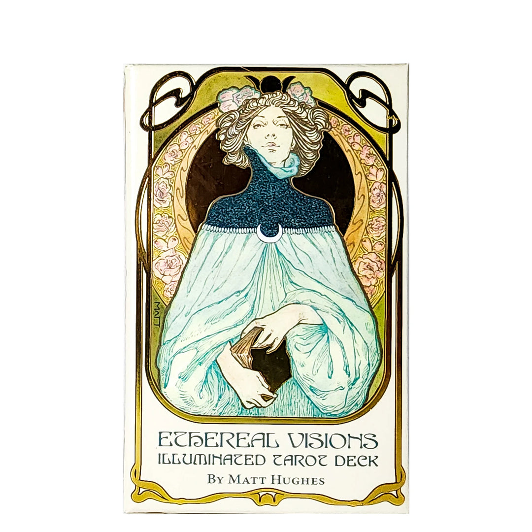 Ethereal Visions Illuminated Tarot Deck by Matt Hughes with Art Nouveau-inspired illustrations and gold foil accents