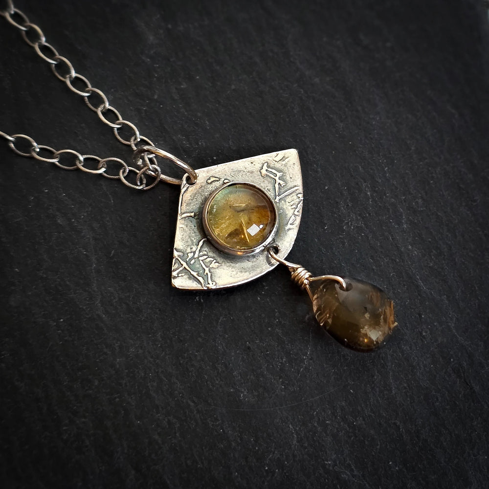 Fine Silver Eye Pendant with Citrine Gemstone and Smoky Quartz Drop on Black Background