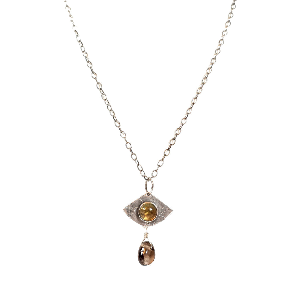 Handcrafted Evil Eye Amulet Necklace with Citrine and Smoky Quartz