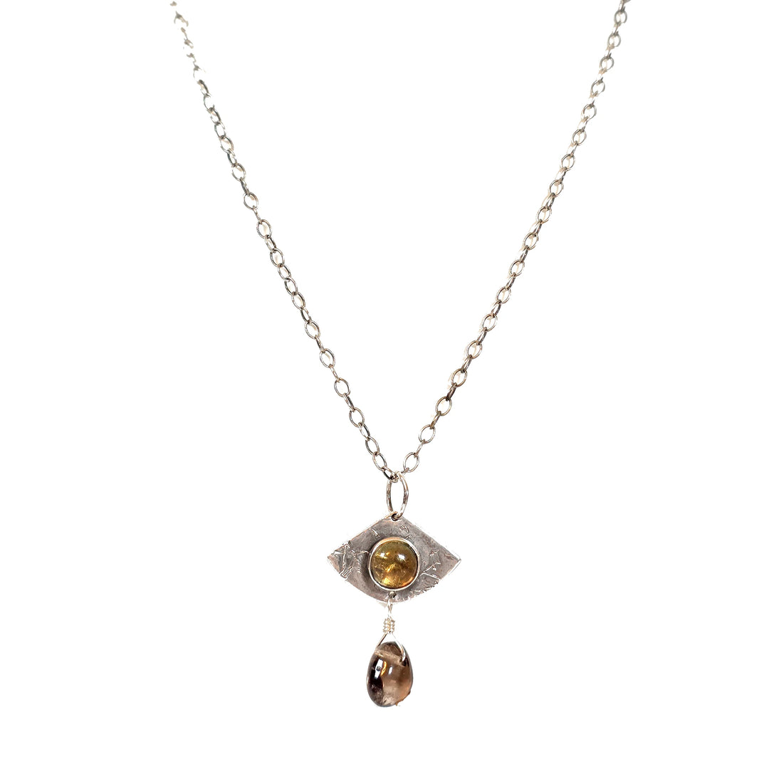 Handcrafted Evil Eye Amulet Necklace with Citrine and Smoky Quartz