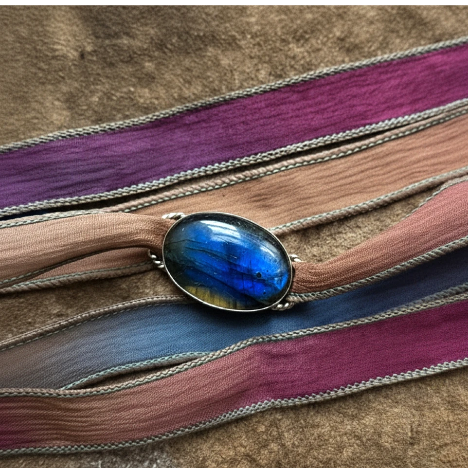 Handmade Labradorite Gemstone Bracelet with Plum and Chestnut Silk Ribbon.