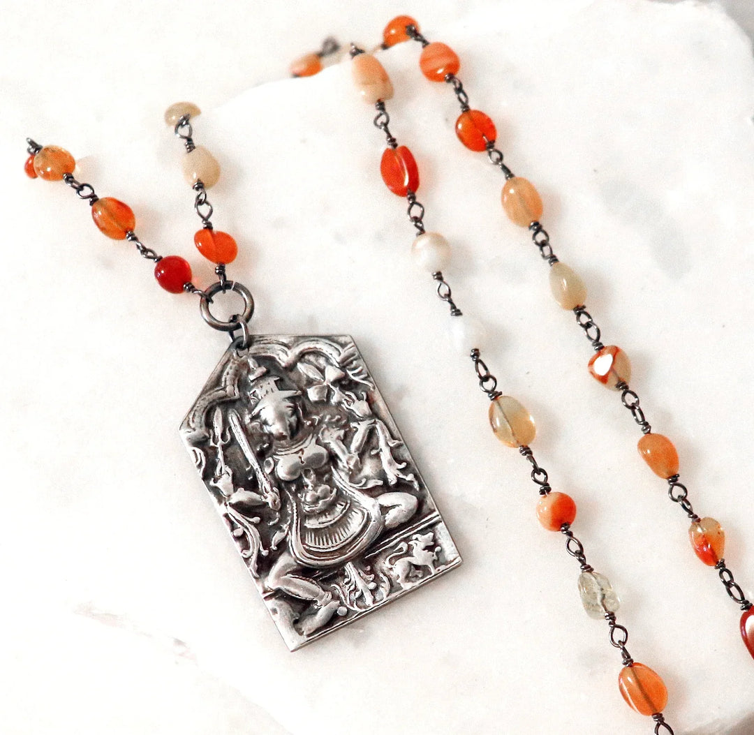 Silver Durga pendant necklace with fire opal gemstone 925 chain – front view