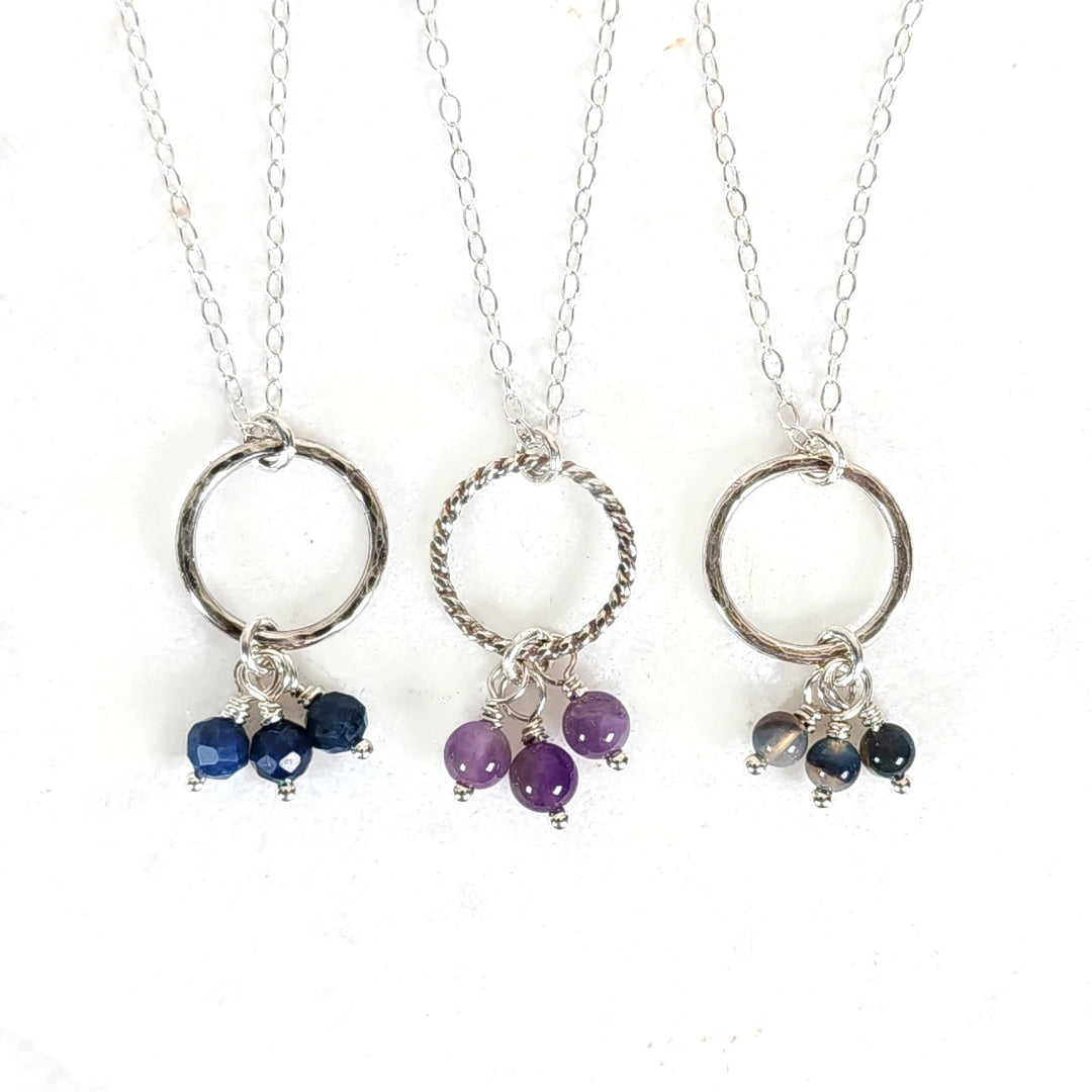 Sterling Silver Hoop Necklaces with Sapphire, Amethyst, and Opal Gemstone Trios