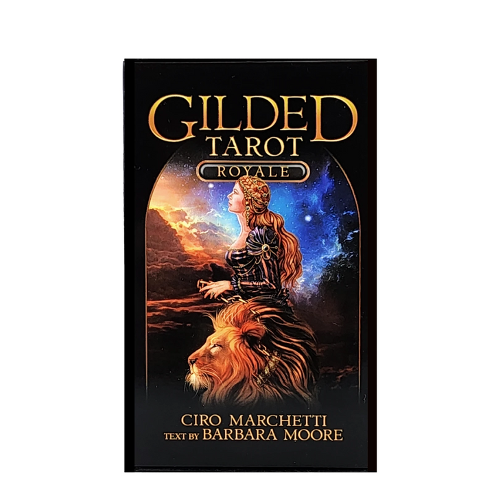 The Gilded Tarot Royale Deck box art features a woman & a lion. Shop these tarot cards here.