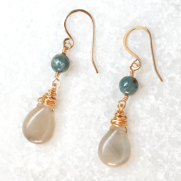 Wire Wrapped Drop Earrings in Gold with Moonstone and Kyanite