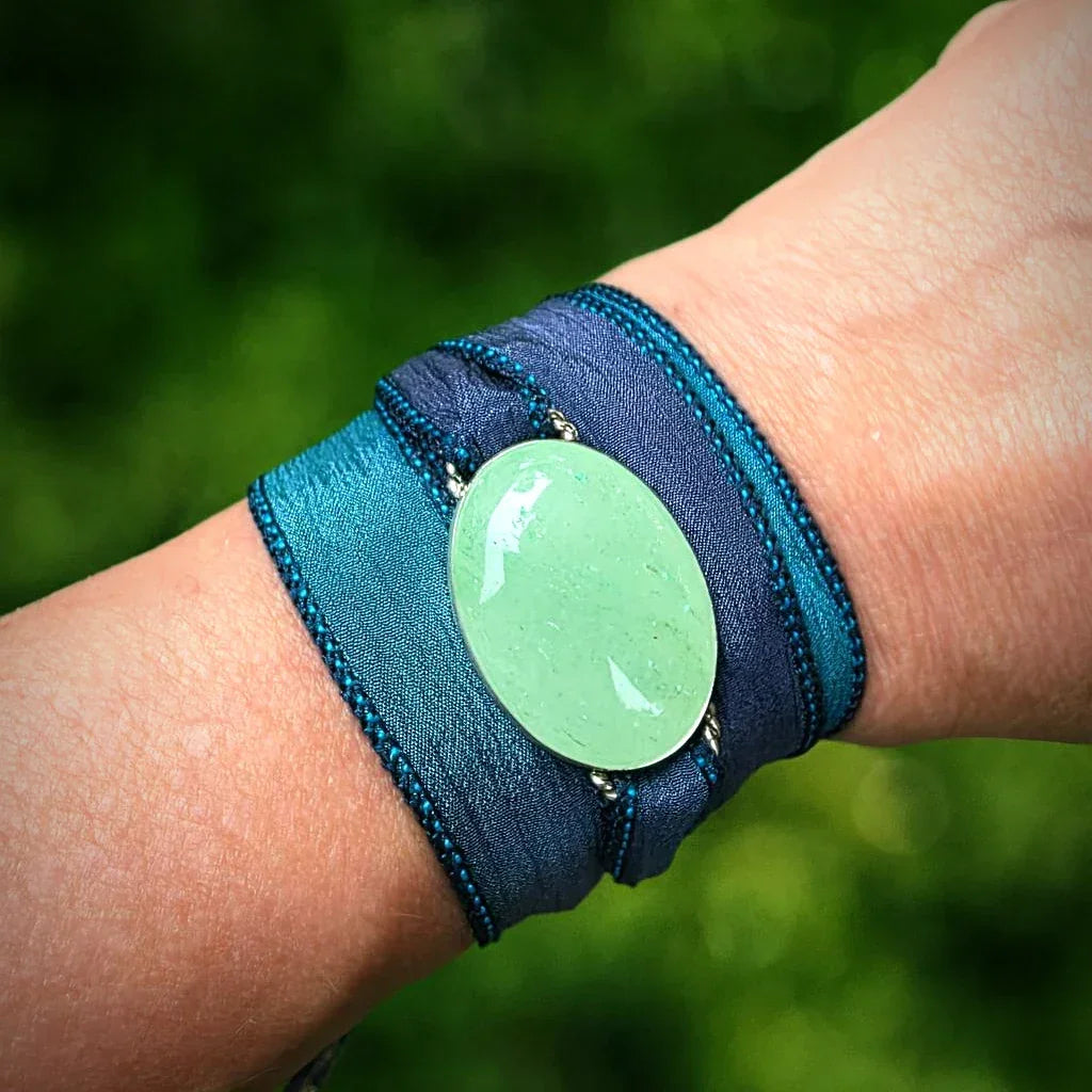 Green Aventurine Silk Wrap Bracelet with Sterling Silver Bezel on Wrist