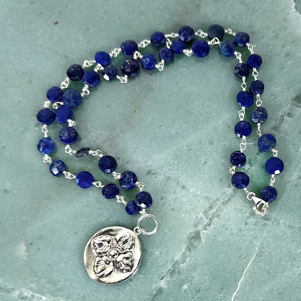 Double Vajra Amulet Pendant Necklace with Lapis Crystal Beads