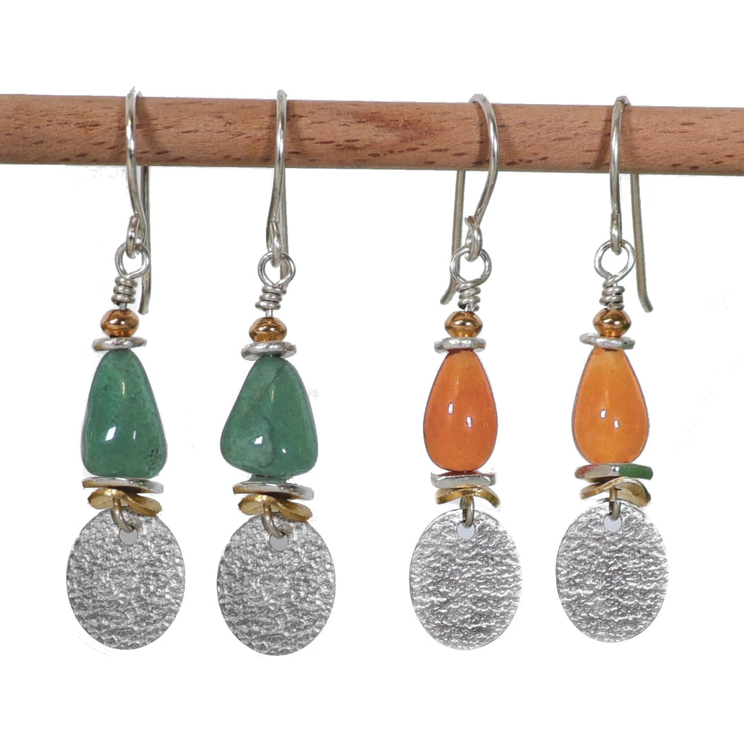 Green Quartz and Orange Jade Silver Dangle Earrings with Gold Accents