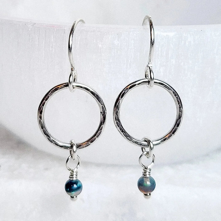 Hammered Sterling Silver Earrings with Opal Crystal – Elegant Minimalist Jewelry