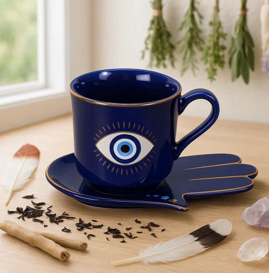 Cobalt Blue Evil Eye Tea Cup with Hamsa Saucer Set