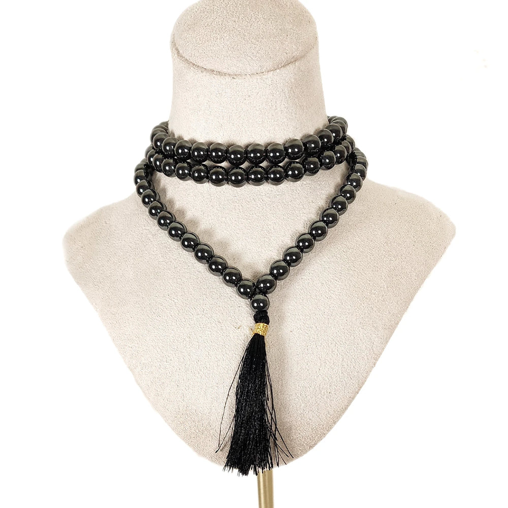 Hematite Mala Beads with Black Tassel for Grounding and Protection