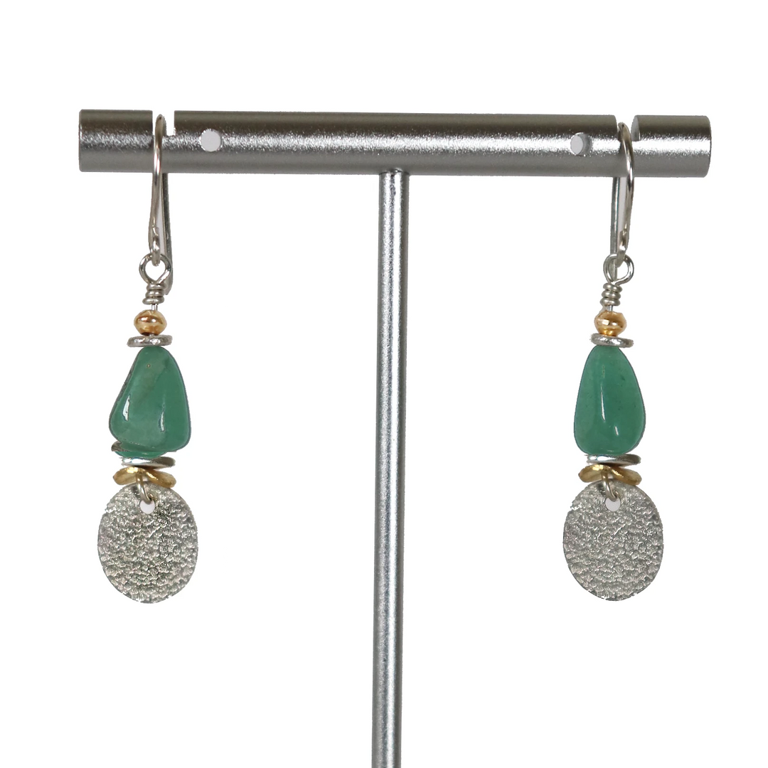 Green Quartz Dangle Gemstone Earrings with Sterling Silver and Gold Details