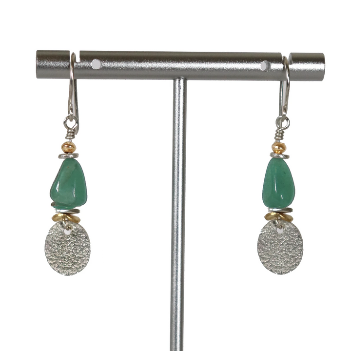 Green Quartz Dangle Gemstone Earrings with Sterling Silver and Gold Details