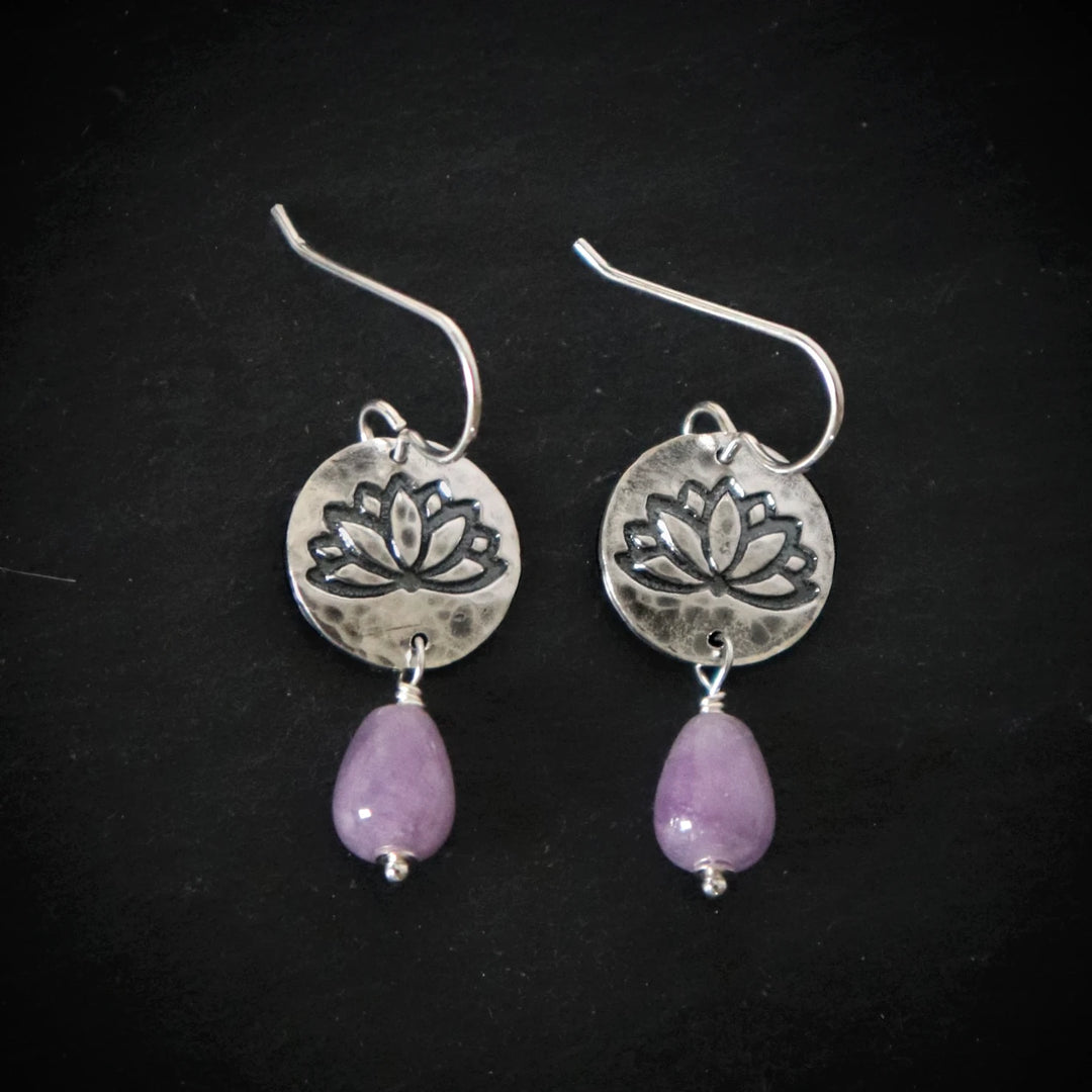 Boho Silver Lotus and Lavender Amethyst Earrings on Black Background
